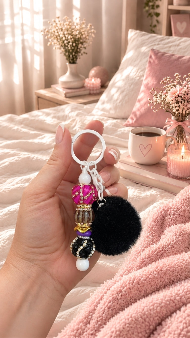 Pink & Black Glam Beaded Keychain with Fluffy Pom-Pom