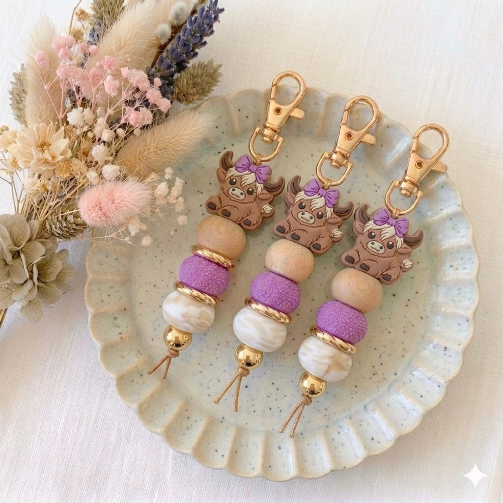 Pastel Petals Highland Cow Keychain – Lilac & Marble