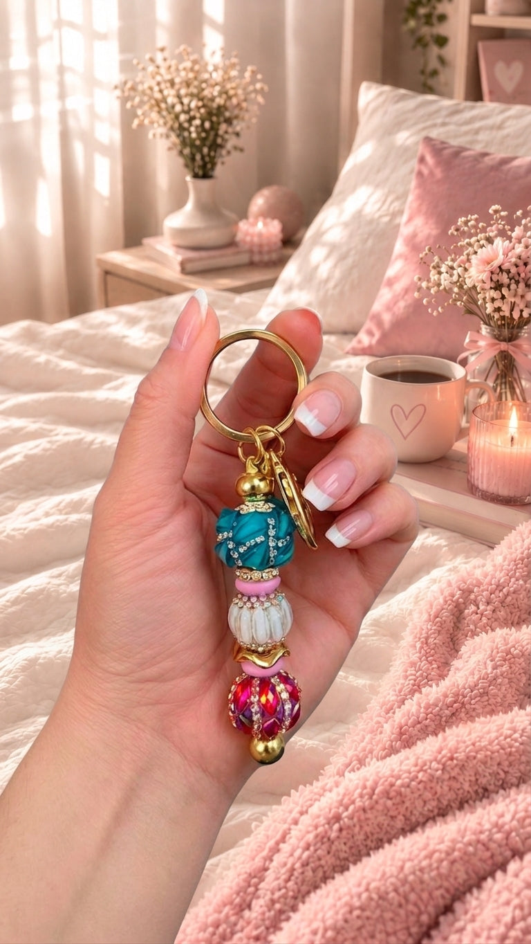 Turquoise & Pink Glam Beaded Keychain
